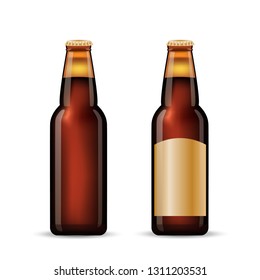 Brown beer bottle set. Realistic vector set of two bottles.