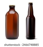 Brown beer bottle vector template. Craft brewery package collection. Transparent pub beer container, shiny food package, refreshment drunk. Brown glass bottle for label and design