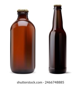 Brown beer bottle vector template. Craft brewery package collection. Transparent pub beer container, shiny food package, refreshment drunk. Brown glass bottle for label and design