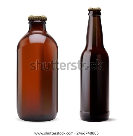 Brown beer bottle vector template. Craft brewery package collection. Transparent pub beer container, shiny food package, refreshment drunk. Brown glass bottle for label and design