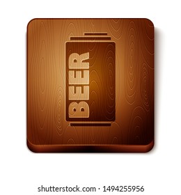 Brown Beer can icon isolated on white background. Wooden square button. Vector Illustration
