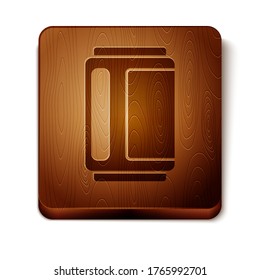 Brown Beer can icon isolated on white background. Wooden square button. Vector