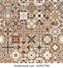 Brown and beige abstract patterns in the mosaic set. Square scraps in oriental style. Vector illustration. Ideal for printing on fabric or paper.