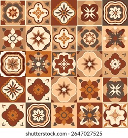 Brown and beige azulejo floral tiles creating beautiful seamless pattern, suitable for ceramic tile, wallpaper, linoleum, textile, web page background, wrapping paper