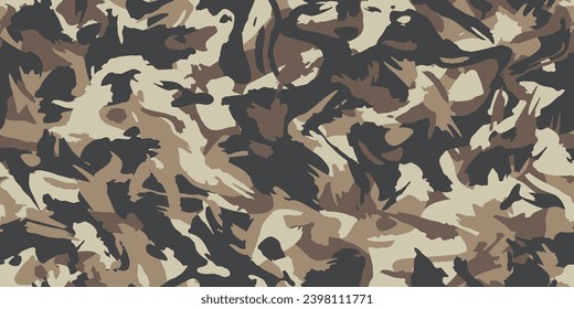 Brown beige camouflage seamless grunge pattern. Modern urban camo texture, fashionable fabric. Desert masking color. Stock vector illustration
