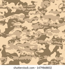 Brown beige camouflage seamless pattern. Grunge military camo texture. Desert masking color. Stock vector illustration.