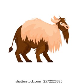 Brown and beige cartoon fantasy creature with shaggy fur, long tail, and horns, isolated on a white background. Cartoon Illustration of a Furry Fantasy Beast