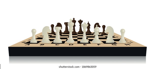 Brown and beige chess game pieces, figures on chess board. Logical tactical turn-based game, chess tournament, sport game, hobby and interests, highly intellectual occupation. Vector illustration. 