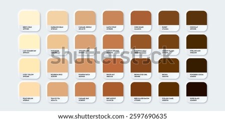 Brown and beige color gradient palette. Human skin, hair, cosmetic products tone set. Color swatch samples