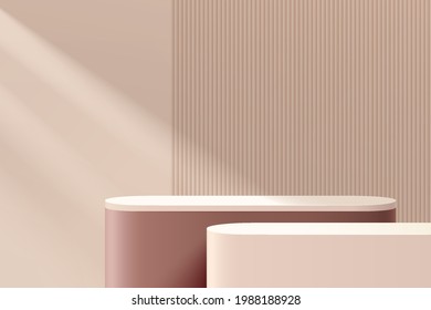 Brown, beige color round corner cube pedestal podium. Geometric platform. Vertical line texture. Abstract cream minimal wall scene. Vector rendering 3d shape for cosmetic product display presentation.