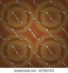 Brown and beige colors with gold elements. Seamless golden textured curls. Oriental style arabesques. Vector golden pattern. Vector illustration.