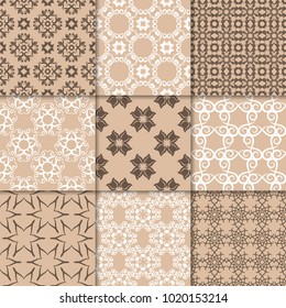 Brown beige floral ornaments. Collection of seamless patterns for paper, textile