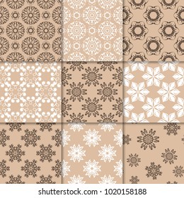 Brown beige floral ornaments. Collection of seamless patterns for paper, textile
