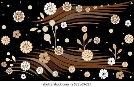 Brown and beige floral pattern on black background, abstract retro flower illustration, seamless decorative design for fabric, wallpaper, wrapping, and textile art