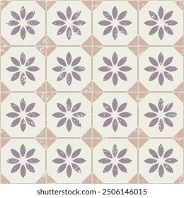 Brown and beige flower ceramic tiles pattern. Vintage oriental floral diamonds textile pattern.