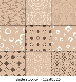 Brown beige geometric ornaments. Collection of seamless patterns for web, textile and wallpapers