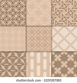 Brown beige geometric ornaments. Collection of seamless patterns for web, textile and wallpapers