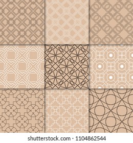 Brown beige geometric ornaments. Collection of seamless patterns for web, textile and wallpapers