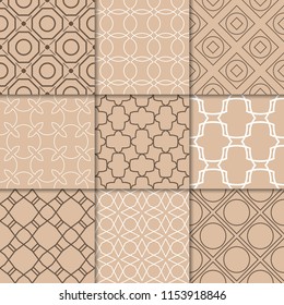 Brown beige geometric ornaments. Collection of seamless patterns for web, textile and wallpapers