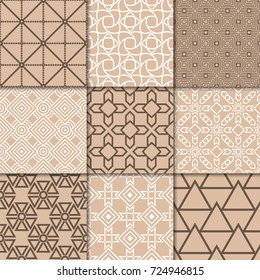 Brown beige geometric ornaments. Collection of seamless patterns for web, textile and wallpapers