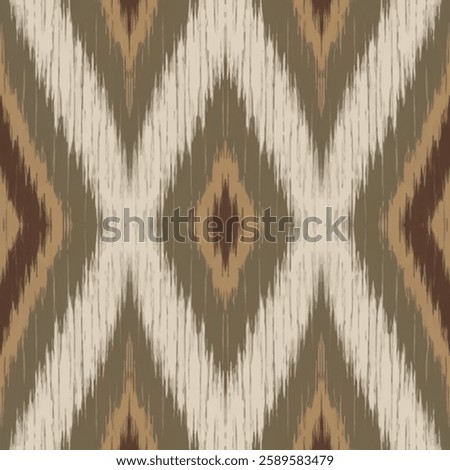 Brown Beige Ikat Seamless Pattern Textile Traditional Abstract Ethnic Decorative Fabric Ornamental Boho Vintage Woven Geometric Striped Classic Handmade Decorative Symmetric Folk Craft Stylish Design