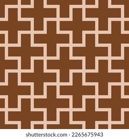 Brown and beige seamless vector graphic of interlocking brown plus signs on a beige background