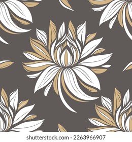 Brown, beige and white damask vector seamless pattern with lotus flower. Vintage, paisley elements. Traditional,Turkish motifs. Great for fabric and textile, wallpaper, packaging or any desired idea.