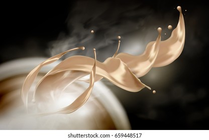 brown beverage flows rising up with smoke, black background