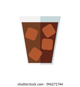 Brown beverage with ice. A glass of juice.