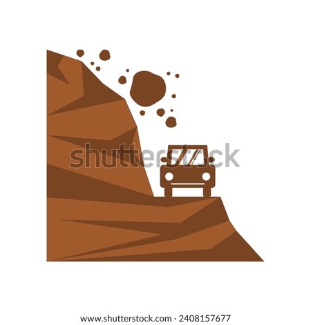 Brown beware of landslide natural disaster with car on travel street road warning sign icon flat vector design [[stock_photo]] © 