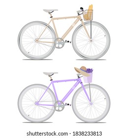 Brown bicycle with baguette and whip in a basket. Lilac bike with lavender in a basket and a hat. Illustration in flat style on a white background. 
For web design, print, banner, brochure, booklet.