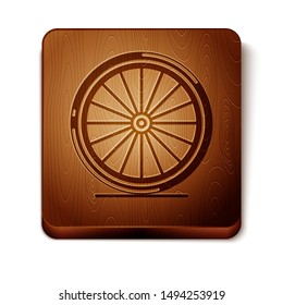 Brown Bicycle wheel icon isolated on white background. Bike race. Extreme sport. Sport equipment. Wooden square button. Vector Illustration