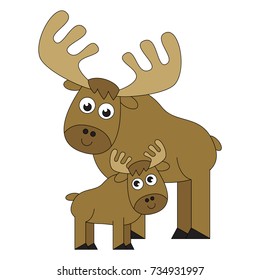 Brown Big Elk Mother and Child cartoon. Outlined illustration with thin line black stroke
