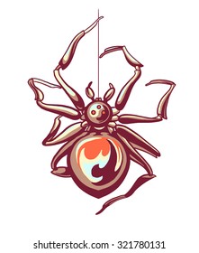 Brown big scary spider hanging on the web. Isolated vector image