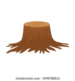 Brown big tree stump with roots. Tree Stump. Vector illustration isolated on a white background