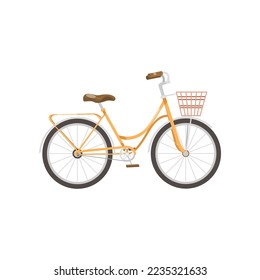 Brown bike with basket for family rides cartoon illustration. Side view of bicycle for physical activity in summer isolated on white background. Transport, sport, vehicle concept