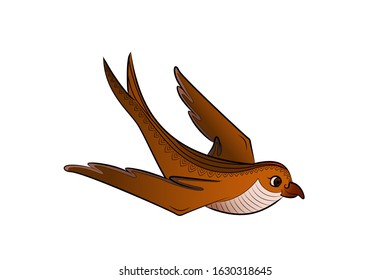 Brown bird fly. Vector illustration. Orange wings.