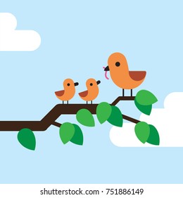 Brown bird mother feeding her children with worm on a branch, cute flat design vector illustration