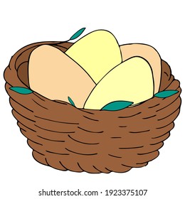 brown bird nest with eggs, vector doodle element, childrens illustration, spring set