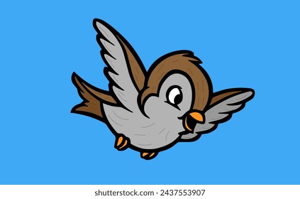 A brown bird on a blue background is flying