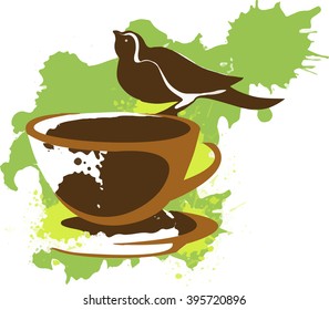 brown bird on a mug of coffee, tea . Stylized logo for the cafe , with spots of green paint