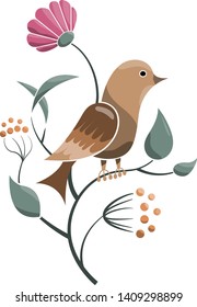 a brown bird is sitting on a tree branch among leaves and flowers