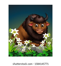 Brown Bison Sitting On Rock With White Flower Cartoon