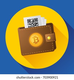 Brown bitcoin wallet with bictoin cash. Concept for business, print, web sites, magazines, online shop, finance, banks. Concept. Vector illustration. Blue background