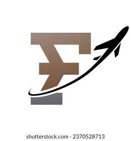 Brown and Black Antique Letter F Icon with an Airplane on a White Background