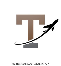 Brown and Black Antique Letter T Icon with an Airplane on a White Background
