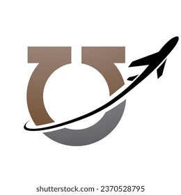 Brown and Black Antique Letter U Icon with an Airplane on a White Background