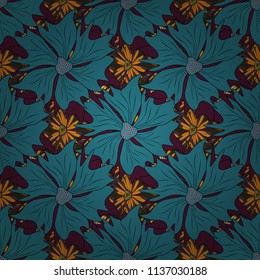 Brown, black and blue background. Geometric flower vector ornament. Stylish graphic design. Seamless abstract floral pattern.