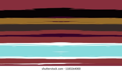Brown, Black, Blue Painted Vector Seamless Summer Pattern Sailor Stripes. Grunge Textured Horizontal Graffiti Lines, Paint Brush Male Fabric Design. Vector Watercolor Seamless Stripes Paint Background
