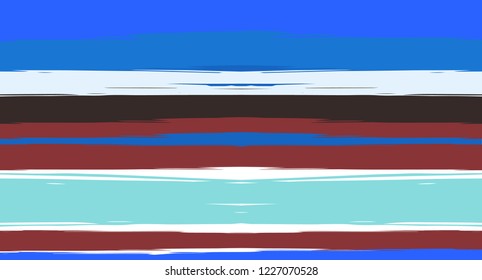Brown, Black, Blue Painted Vector Seamless Summer Pattern Sailor Stripes. Grunge Textured Horizontal Modern Lines, Paintbrush Male Fabric Design. Vector Watercolor Seamless Stripes Track Background